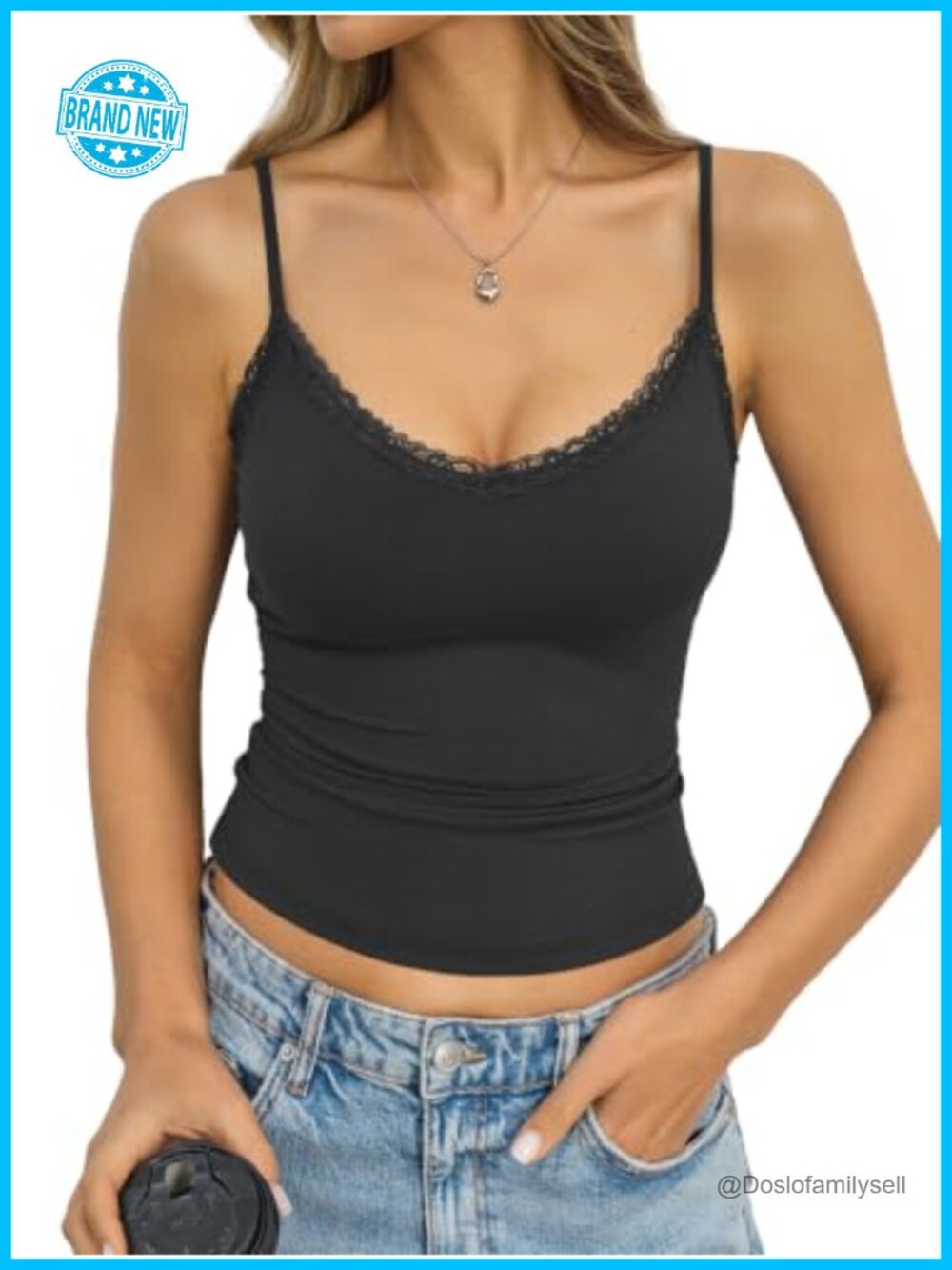 Lace Trim V Neck Camisole Tank Top Adjustable Spaghetti Straps